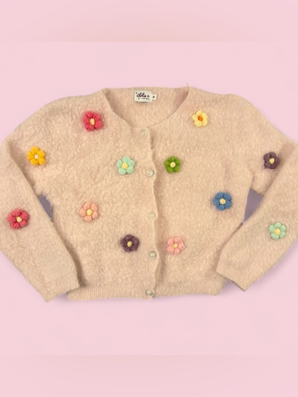 Lola + The Boys Light Pink Fuzzy 3D Rainbow Daisy Cardigan Sweater Size 10
